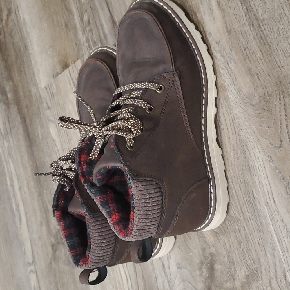 Kids Brown Lace-Up Ankle Boots with Plaid Lining